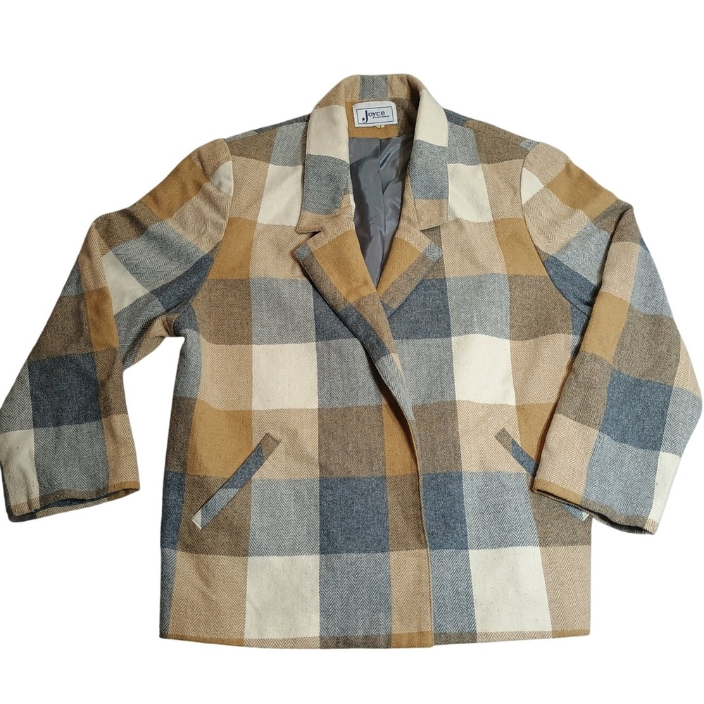 Joyce Sportswear Blazer Women's 14 Tan Gray Plaid Herringbone Vintage Jacket